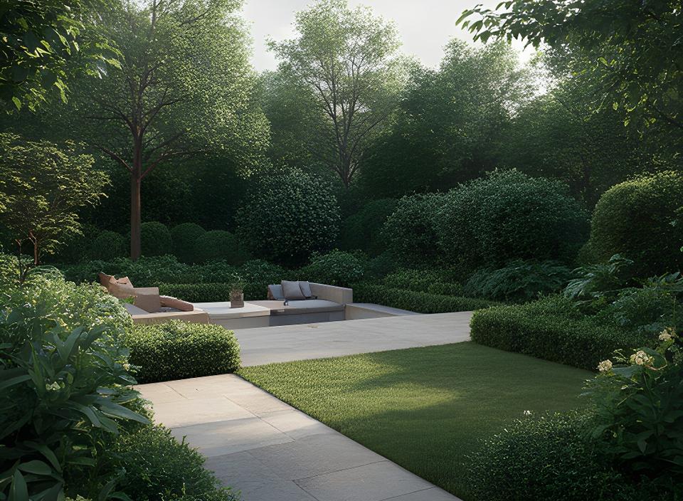 Gepflegter Privatgarten mit klaren Linien, Terrasse und sattem Grün in Wien