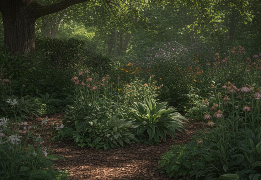 Schattiger Gartenbereich mit heimischen Stauden unter einem grossen Baum