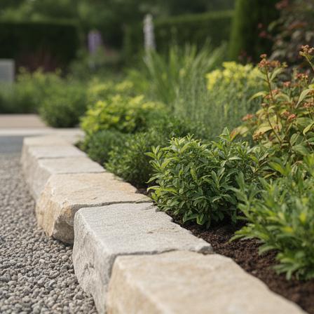 Detail einer modern strukturierten Staudenfläche mit Naturstein und ruhiger Linienführung
